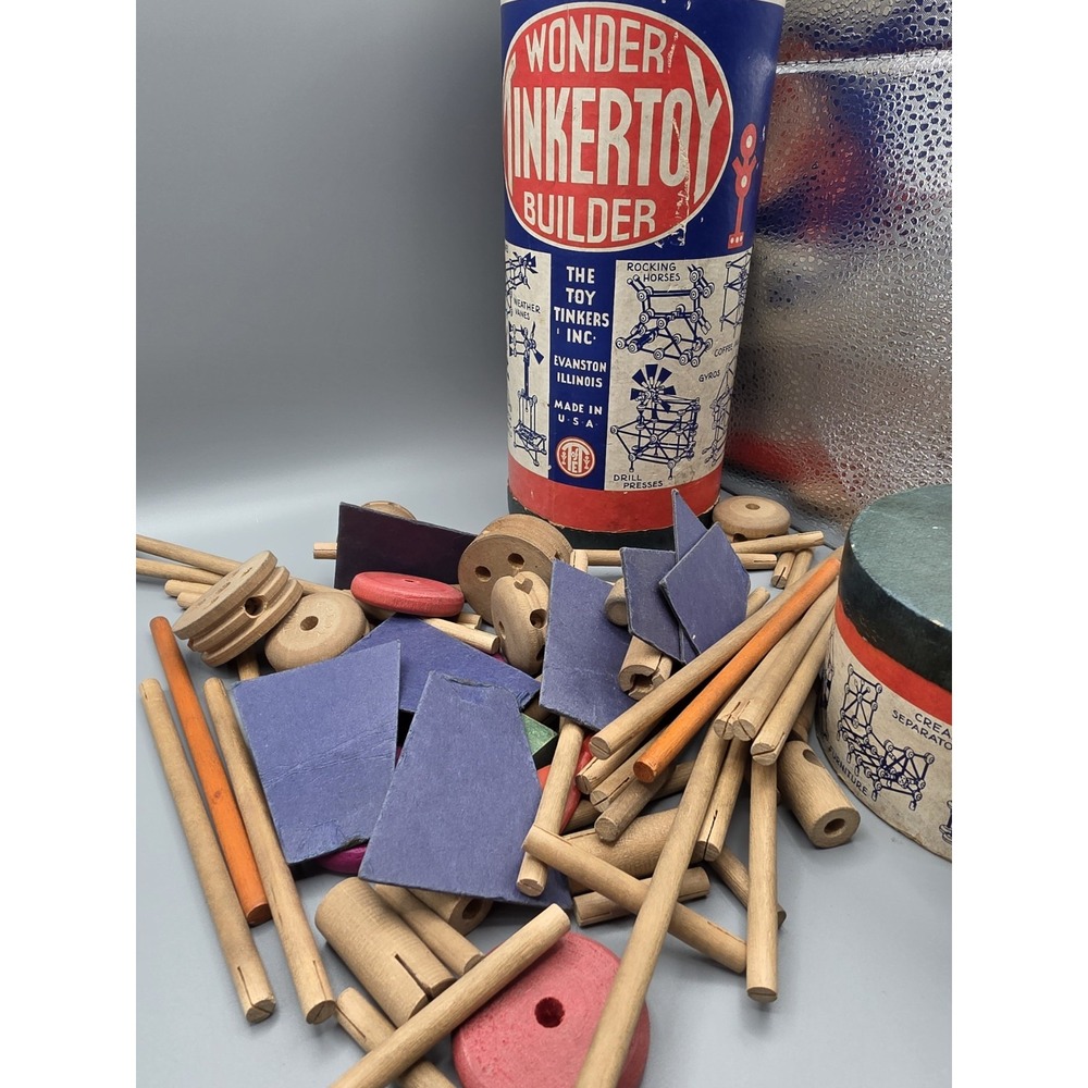 Vintage Wonder Tinkertoy Builder Toy Tinkers Wooden Set Canisters Parts USA - Picture 6 of 13